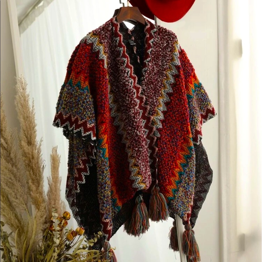 MULTICOLOR GRAPHIC PATTERN FRINGE CHUNKY KNIT CARDIGAN - Picture 1 of 8
